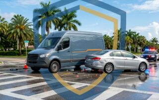 A blue parcel van and damaged car stopped at a wet intersection with palm trees.