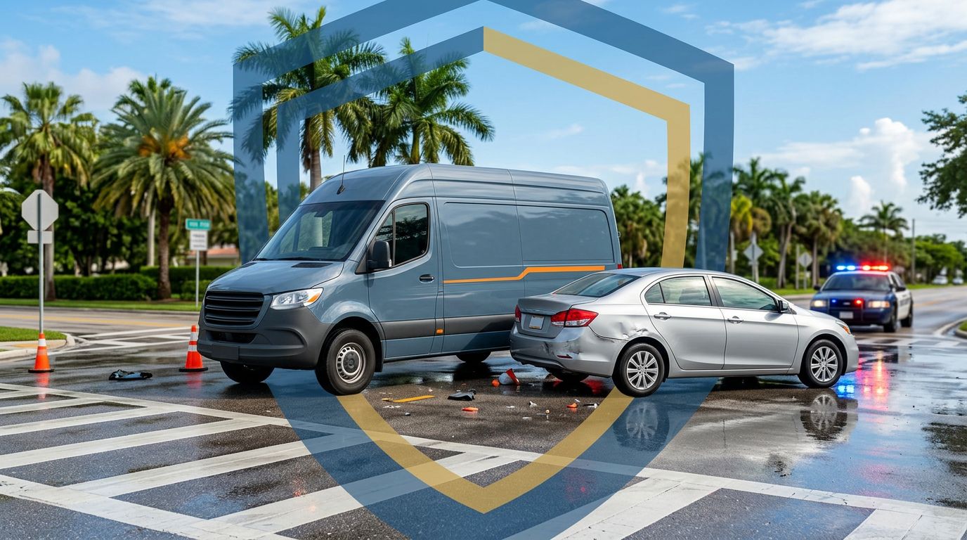 A blue parcel van and damaged car stopped at a wet intersection with palm trees.