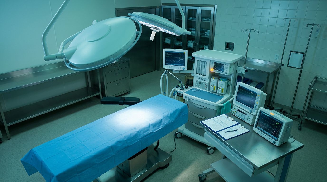 An empty surgical bed and anesthesia equipment under soft clinical lighting in an operating room.
