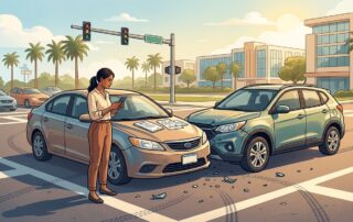 A driver photographs crash damage at a sunny intersection after a car collision.