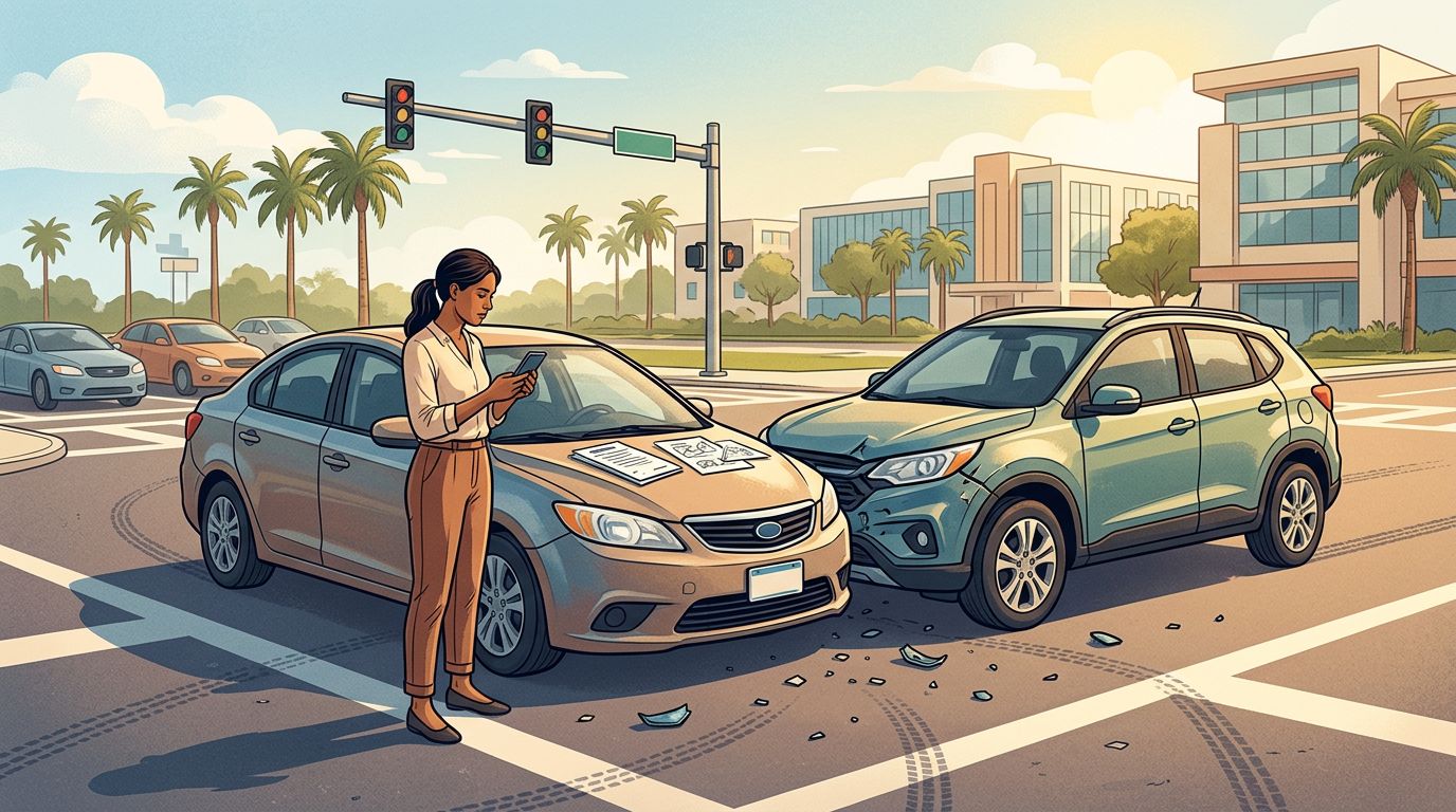 A driver photographs crash damage at a sunny intersection after a car collision.