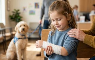 A calm child holding a bandaged arm with a parent's hand on their shoulder in a clinic.