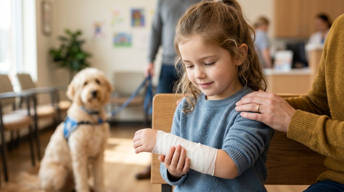 A calm child holding a bandaged arm with a parent's hand on their shoulder in a clinic.