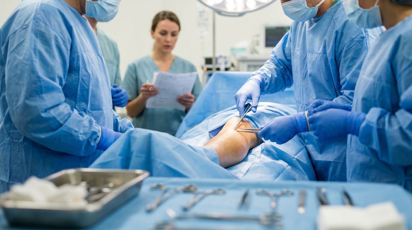 Surgeons preparing a patient leg for an emergency fasciotomy procedure in a hospital.