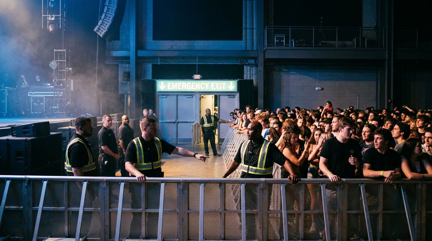 A concert stage view showing a security barricade and glowing exit sign before a packed audience.