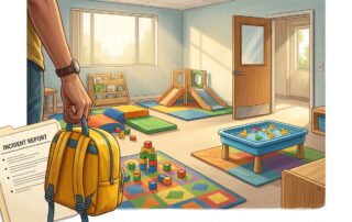 An empty daycare classroom with an open doorway and an incident folder in the foreground.