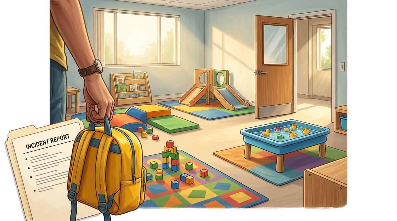 An empty daycare classroom with an open doorway and an incident folder in the foreground.