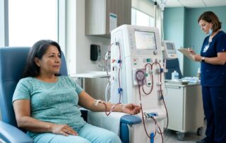 A concerned patient in a dialysis chair with a clinician reviewing medical equipment.