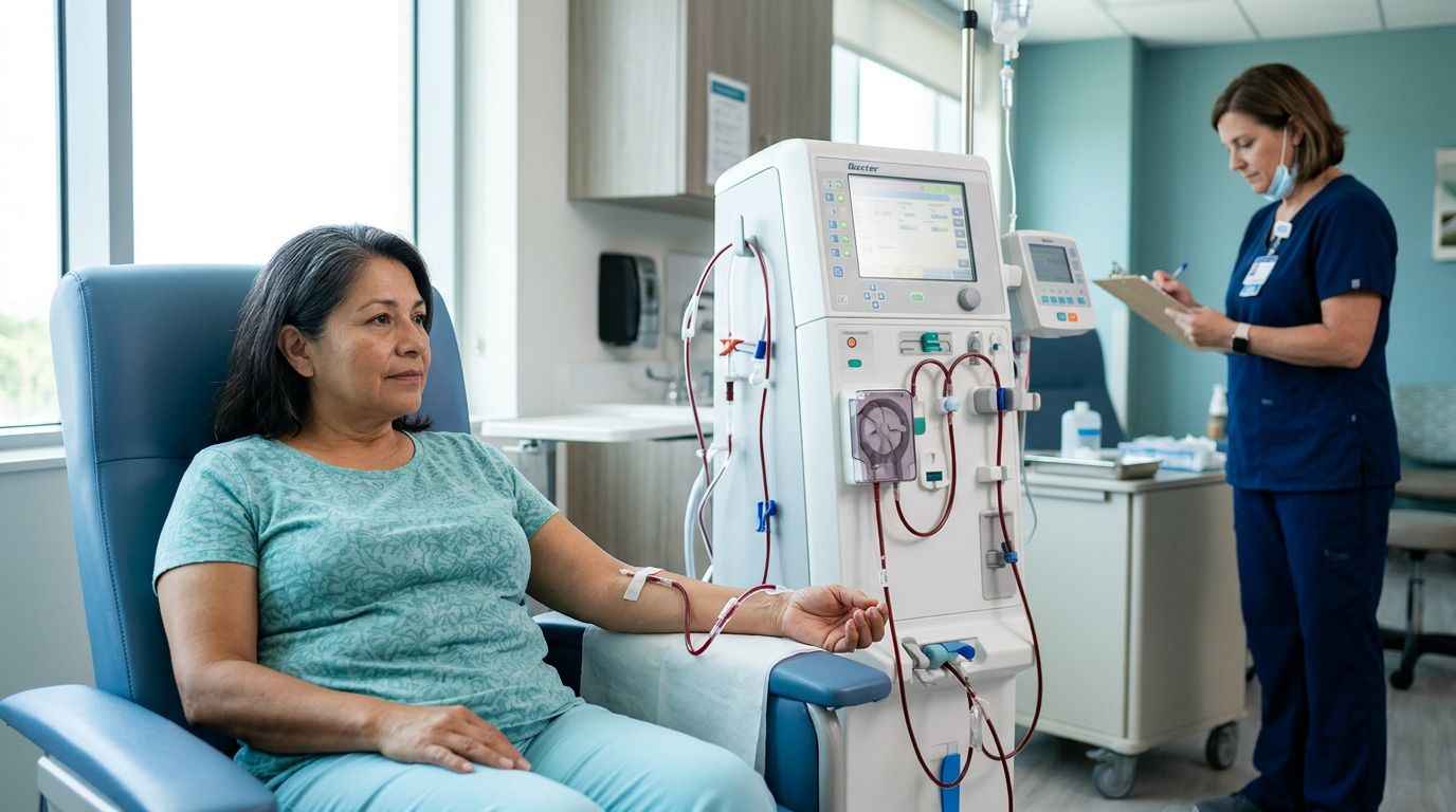 A concerned patient in a dialysis chair with a clinician reviewing medical equipment.