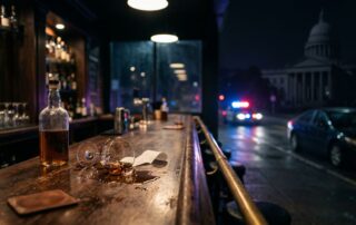 A spilled cocktail and receipt on a bar with police lights glowing down a dark road.