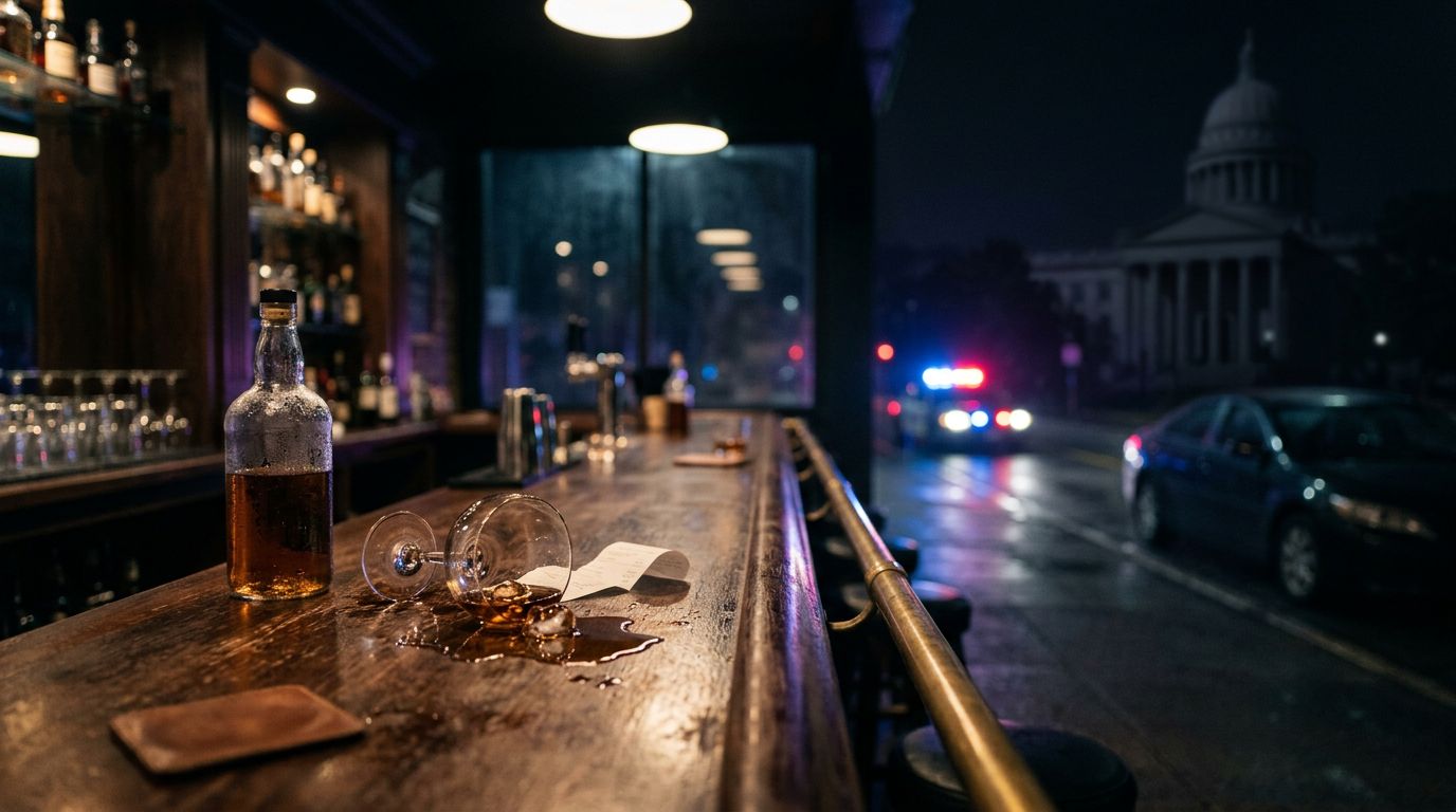 A spilled cocktail and receipt on a bar with police lights glowing down a dark road.