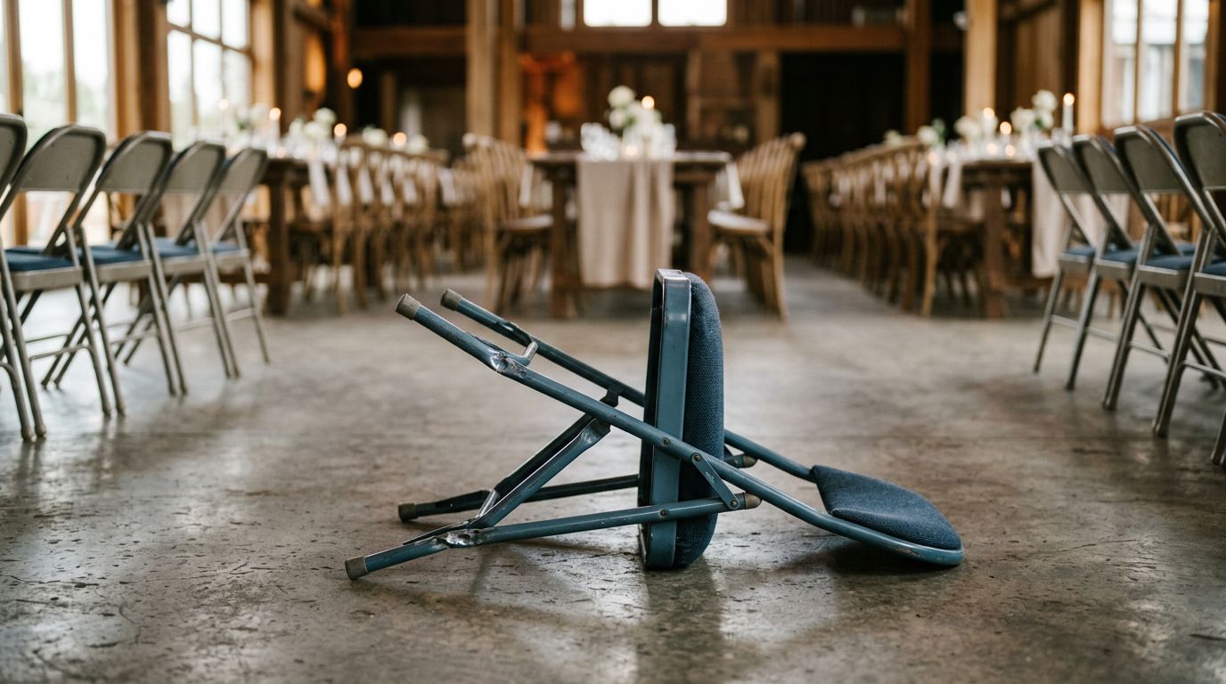 A broken metal folding chair with a bent leg on a concrete floor.