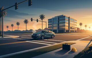 A damaged car at an intersection with an abandoned briefcase and hard hat nearby during sunrise.