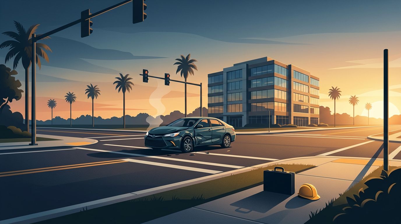 A damaged car at an intersection with an abandoned briefcase and hard hat nearby during sunrise.