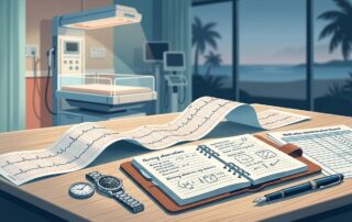 Medical charts, nursing notes, and a fetal monitor strip laid out on a desk in a hospital.