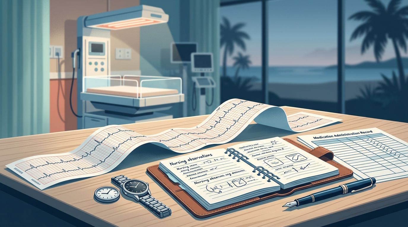 Medical charts, nursing notes, and a fetal monitor strip laid out on a desk in a hospital.