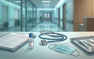 A clinical desk holds a patient chart, stethoscope, and medical instruments with a blurred hospital background.