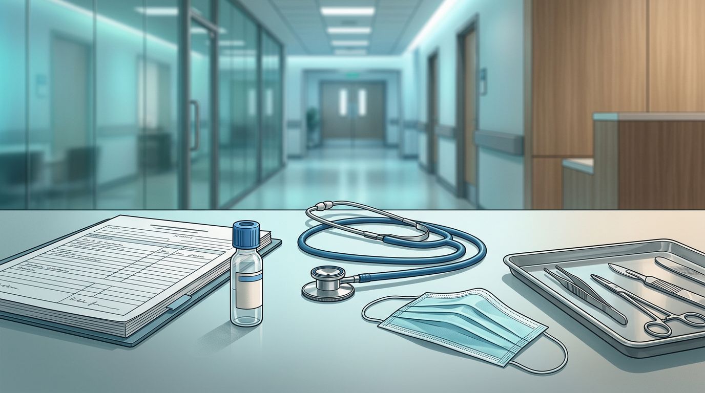 A clinical desk holds a patient chart, stethoscope, and medical instruments with a blurred hospital background.