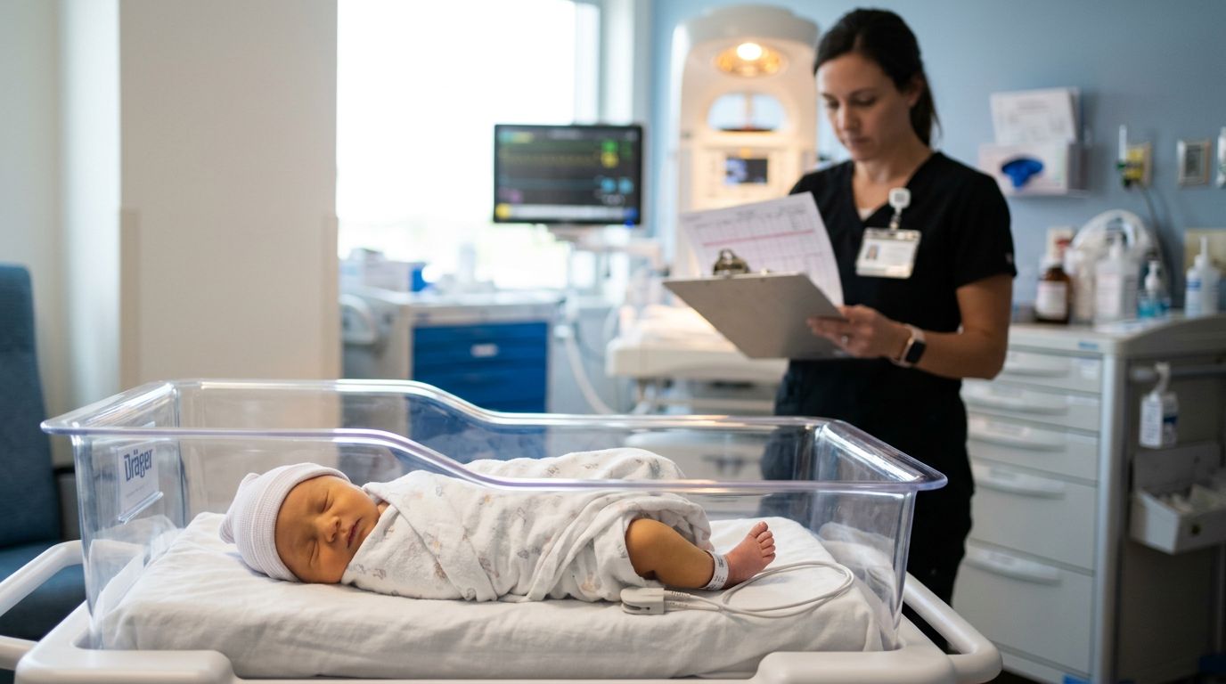 A newborn rests in a clear bassinet while a clinician reviews bilirubin results.