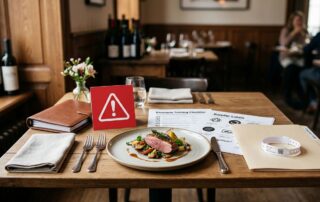 A plated restaurant meal next to an allergy binder, training checklist, and medical bracelet.
