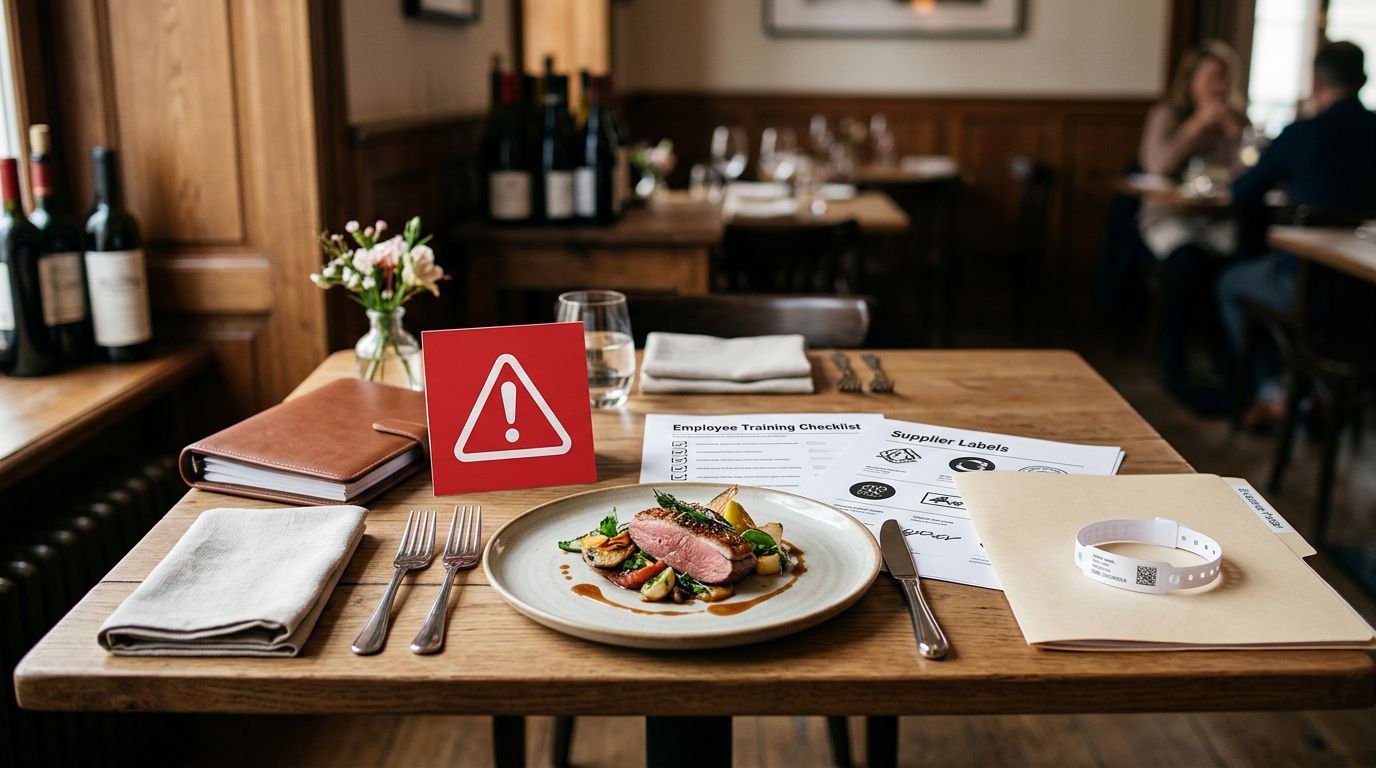A plated restaurant meal next to an allergy binder, training checklist, and medical bracelet.