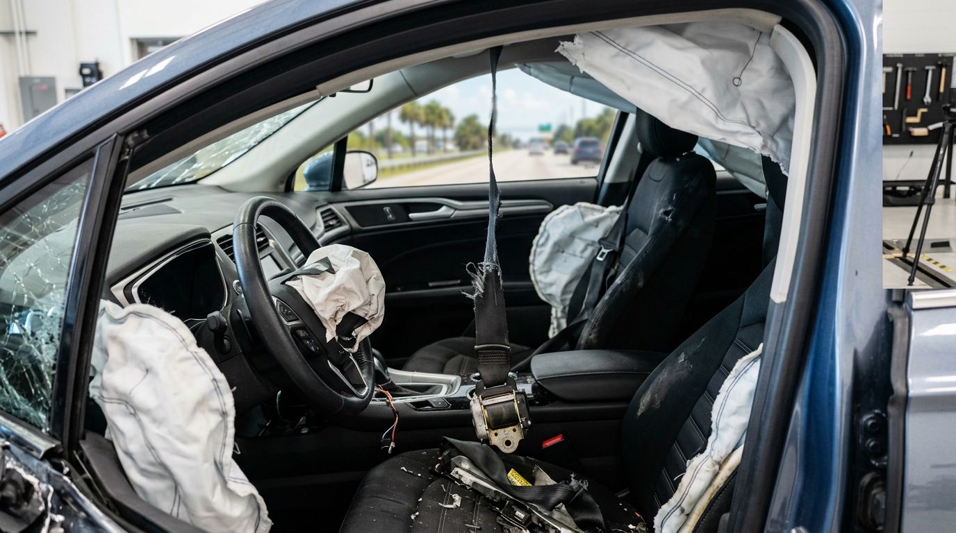 A torn and malfunctioning seat belt inside a sedan during a forensic crash inspection.