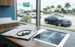 Medical records, an X-ray, and a stethoscope lie on a desk in front of a window showing a blurry highway.