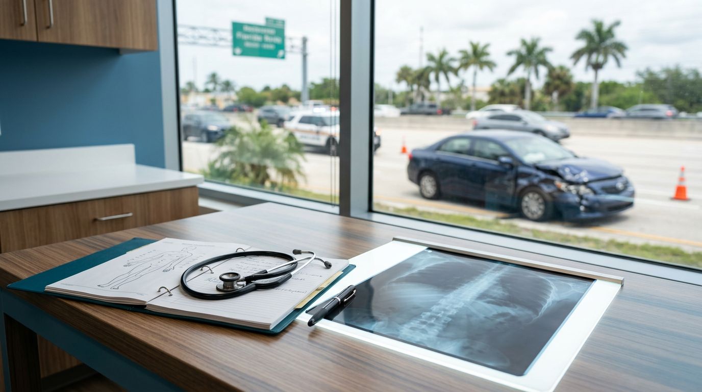 Medical records, an X-ray, and a stethoscope lie on a desk in front of a window showing a blurry highway.