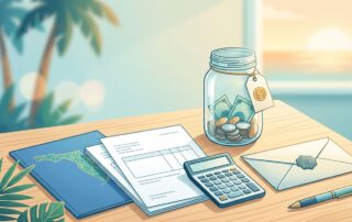 A tidy desk with a savings jar, calculator, and blue folder under warm lighting.