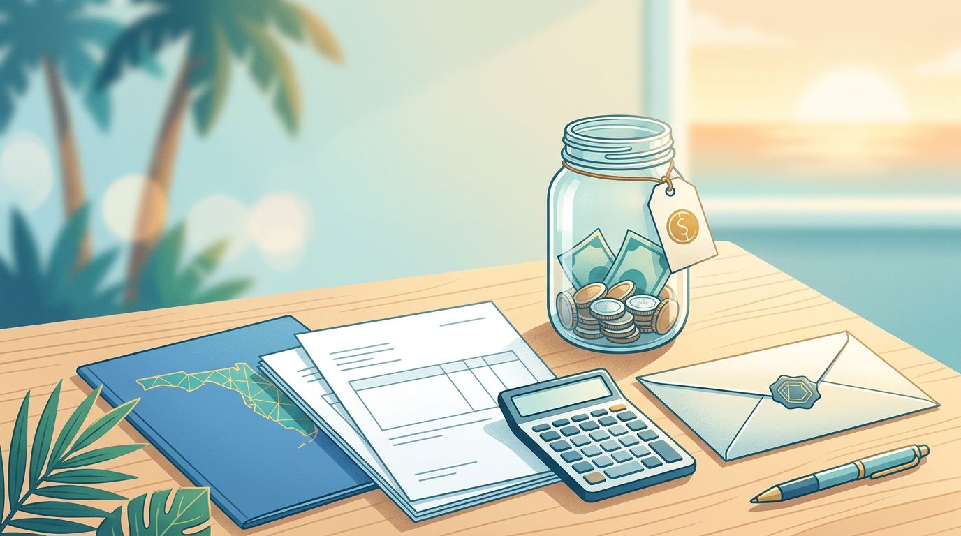 A tidy desk with a savings jar, calculator, and blue folder under warm lighting.