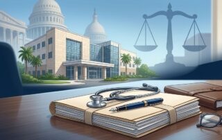 A legal claim file, stethoscope, and pen on a desk with a VA medical center backdrop.