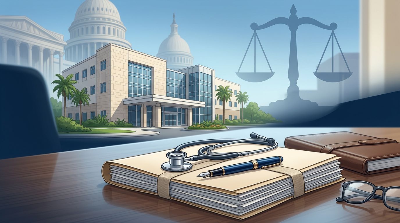A legal claim file, stethoscope, and pen on a desk with a VA medical center backdrop.