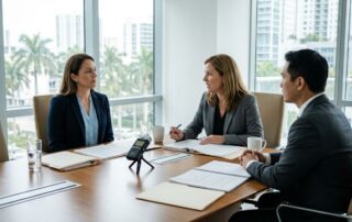An injured worker and their lawyer seated across from opposing counsel during a formal deposition.