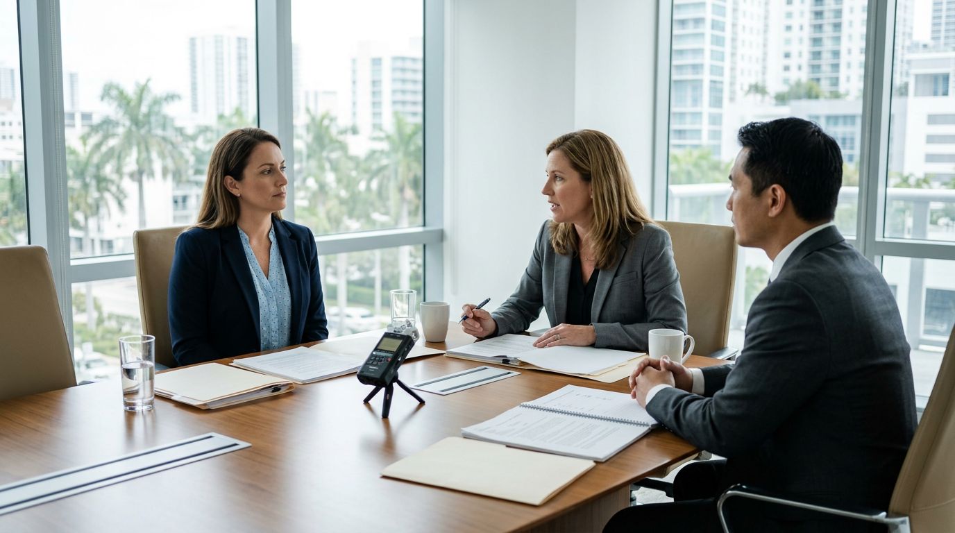 An injured worker and their lawyer seated across from opposing counsel during a formal deposition.
