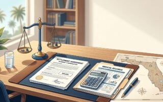 Desk with settlement papers, a calculator, medical records, justice scales, and a Florida map design.