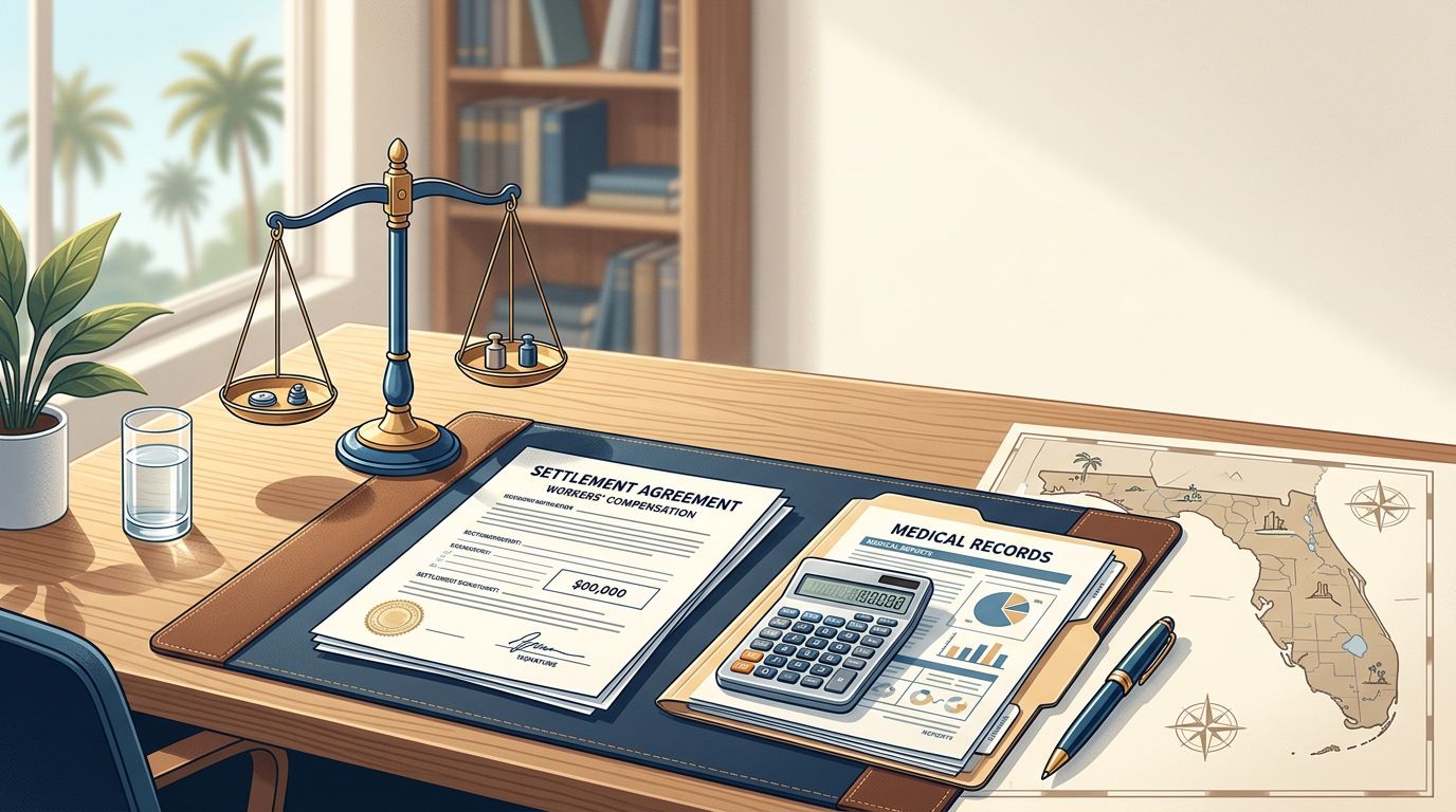 Desk with settlement papers, a calculator, medical records, justice scales, and a Florida map design.