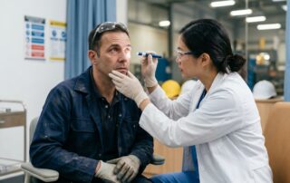 A doctor examines an industrial worker's eye with a penlight in a bright clinic.