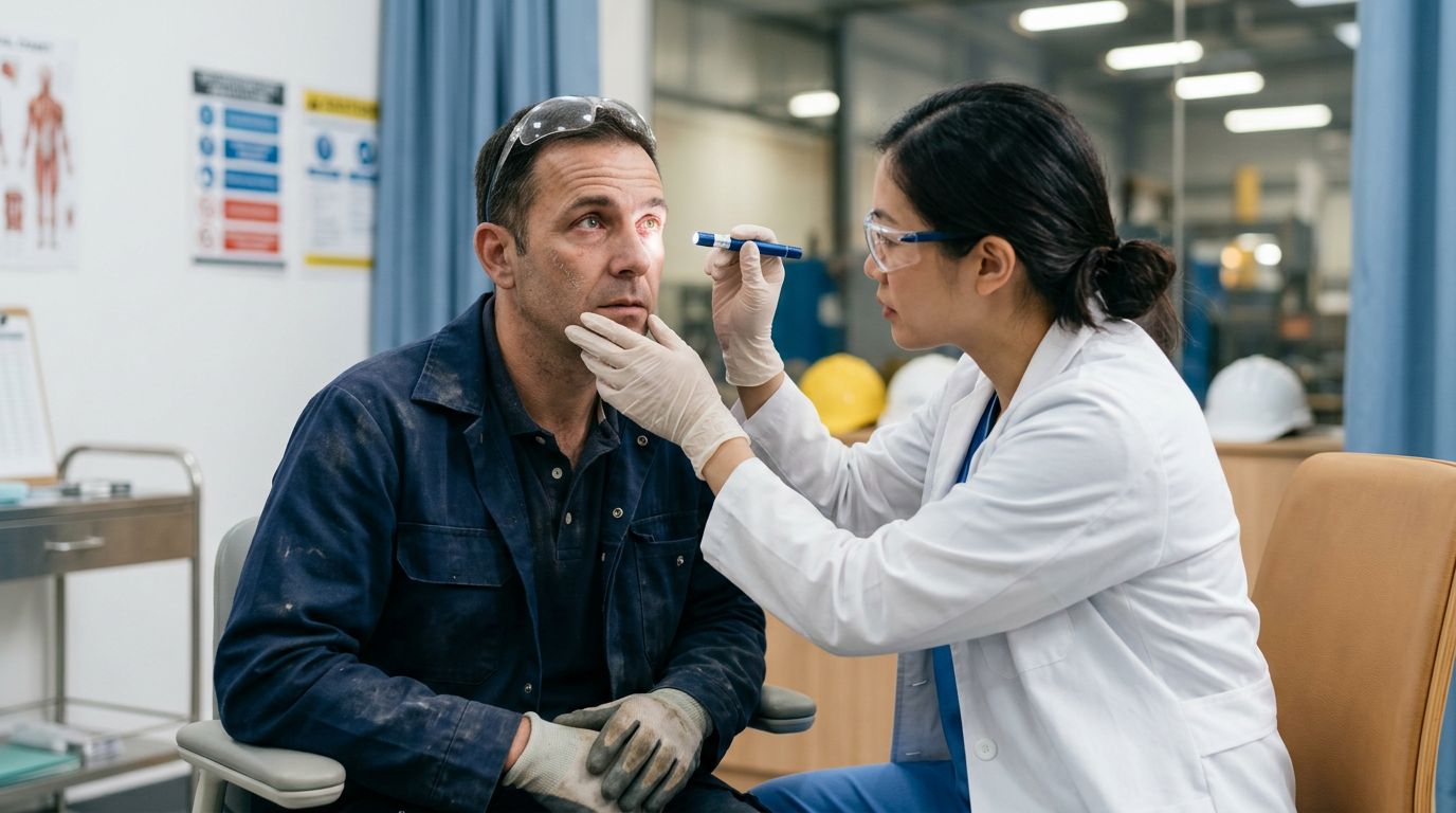 A doctor examines an industrial worker's eye with a penlight in a bright clinic.