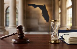 A gavel, hourglass, and case documents on a legal desk with Florida imagery in the background.