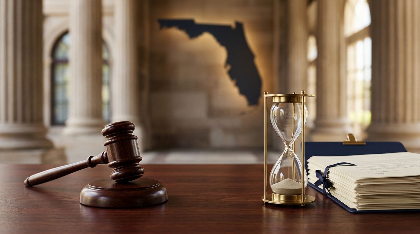 A gavel, hourglass, and case documents on a legal desk with Florida imagery in the background.