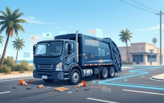 A damaged garbage truck at a Florida intersection with glowing GPS route overlays.