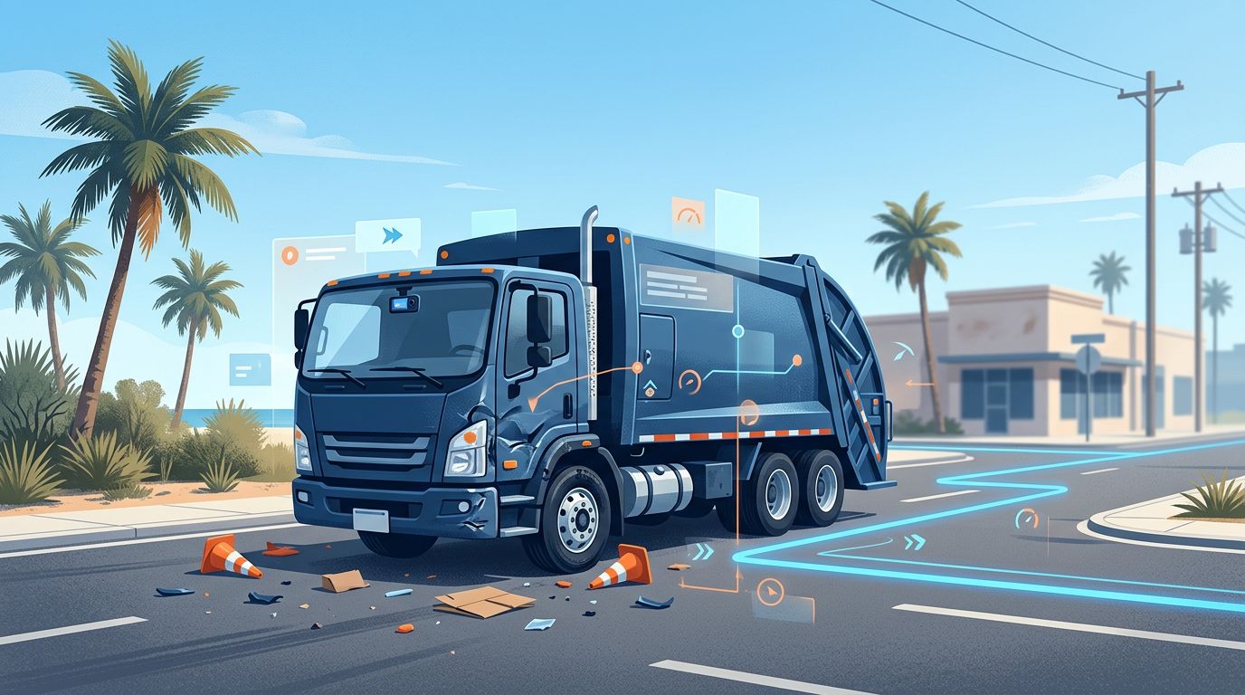 A damaged garbage truck at a Florida intersection with glowing GPS route overlays.