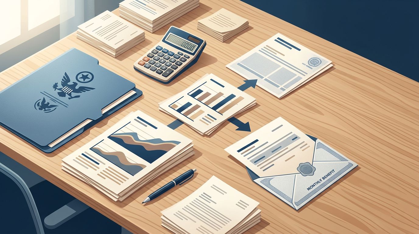 An organized desk holds financial calculators and paperwork for calculating Social Security benefits.