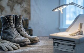 Vintage combat boots and frosted gloves placed near a modern medical examination table and anatomical foot model.