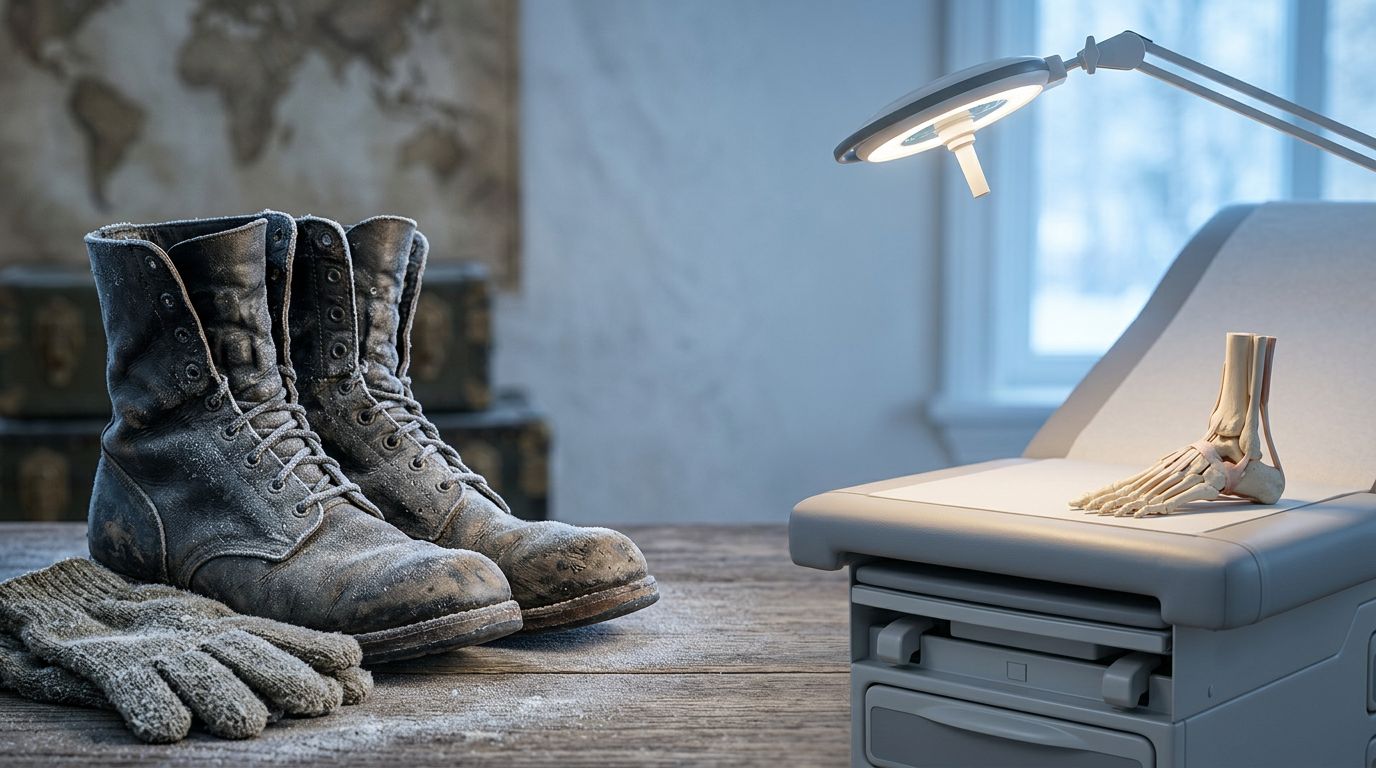 Vintage combat boots and frosted gloves placed near a modern medical examination table and anatomical foot model.
