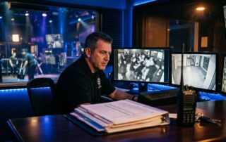 A security manager reviewing surveillance monitors and staffing logs in a dark nightclub.