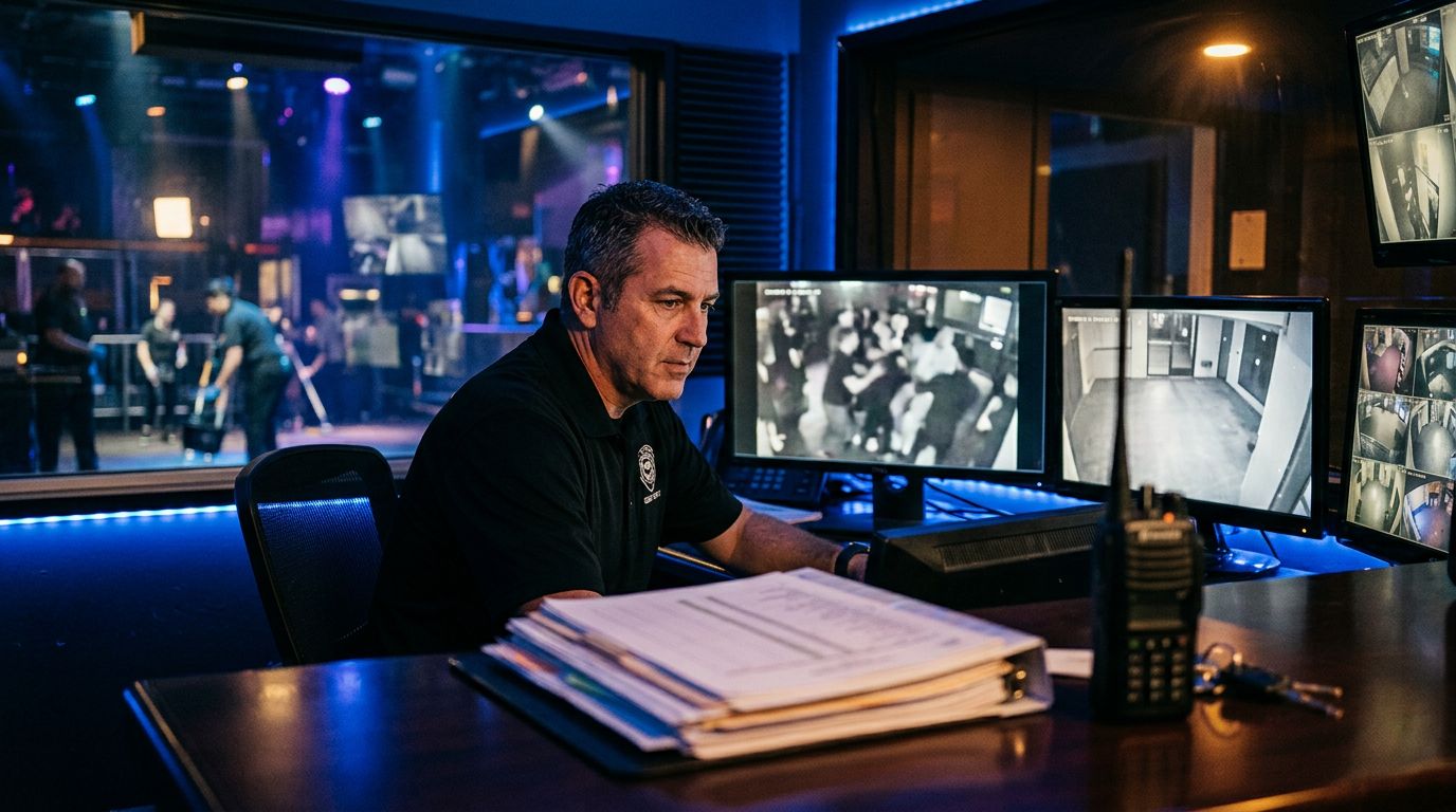 A security manager reviewing surveillance monitors and staffing logs in a dark nightclub.