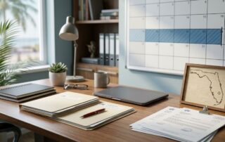 Organized medical records and a calendar on a desk beside a Florida map motif.
