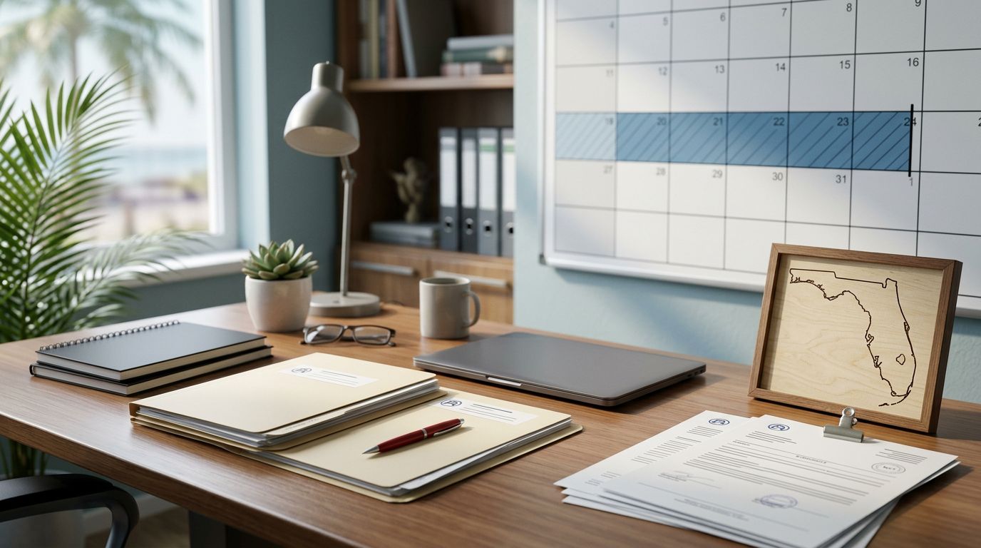 Organized medical records and a calendar on a desk beside a Florida map motif.