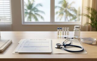 Medical forms, lab vials, and a stethoscope arranged neatly on a desk near a sunny window.